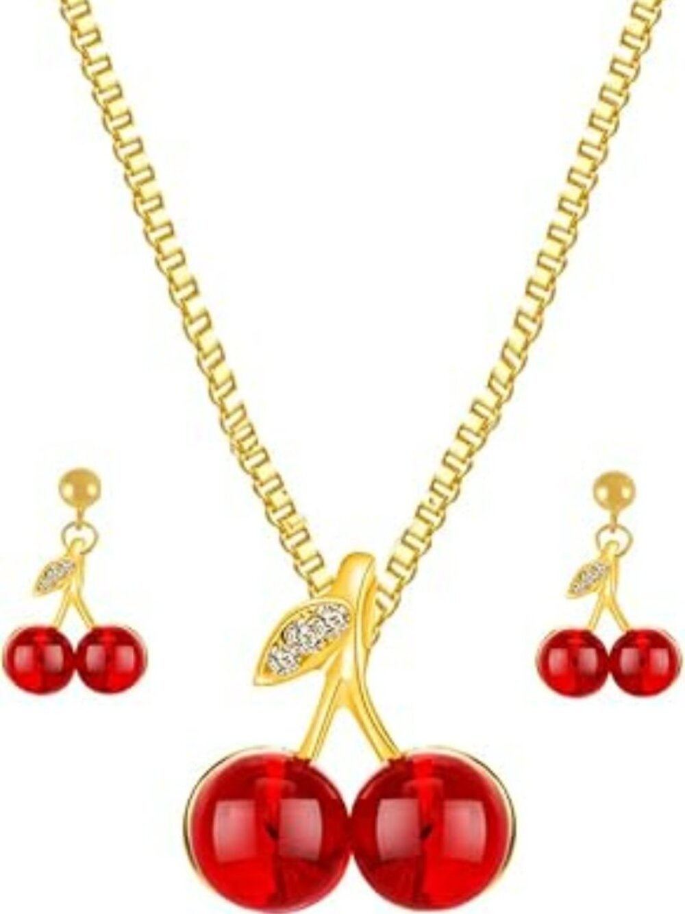 NEW Red Cherry Necklace & Earring Cherry Pendant Necklace Fashion Cubic Zirconia
